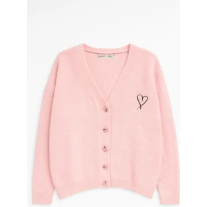 6953 Kadın Oversize Yün Karışımlı Premium Kalp Nakışlı Hırka Pembe