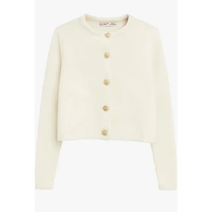 6722 Kadın Gold Düğmeli Basic Pike Triko Hırka Naturel