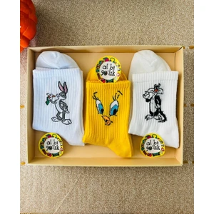 Al Bi 90Lık 3'lü Bugs Bunny, Sylvester ve Tweety Desenli Kolej Set Çorap