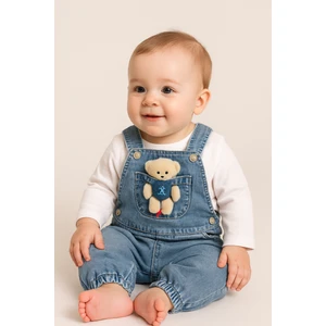 Maxi İdol Unisex Bebek Denim 2’li Takım - Ayı Aplikeli Cepli Salopet ve Beyaz Bluz