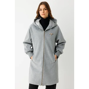 Fermuar Kapamalı Kapişonlu Kaban  Gri