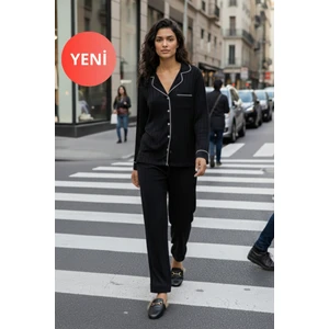 Kadın Uzun Kollu Kışlık Saten Pijama Takımı – Gömlek Yaka, Biyeli, Cepli, Beyaz / Siyah