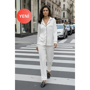Kadın Uzun Kollu Kışlık Saten Pijama Takımı – Gömlek Yaka, Biyeli, Cepli, Beyaz / Siyah