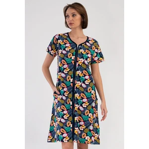 Kadın Kısa Kollu V Yaka Fermuarlı Desenli Lacivert Ev Elbisesi C2T0N3804