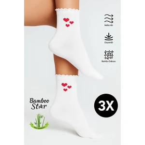 Bamboo Star Bambu Kadın Beyaz Fırfırlı Lastiksiz Kalpli Kadın Soket 3lü Beyaz Çorap İz Bırakmaz Sıkmayan Çorap