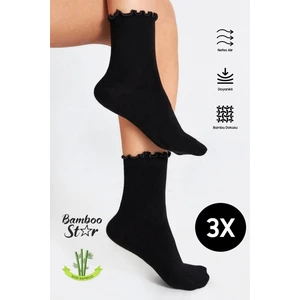 Bamboo Star Bambu Kadın Siyah  Fırfırlı Lastiksiz Dikişsiz Kadın Soket 3lü Siyah Çorap/iz Bırakmaz/sıkmayan Çorap