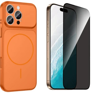 Tekno Grup Iphone 16 Pro Max Kılıf M-Safe Şarj Özellikli Kamera Camlı Formen Kapak-Turuncu + Tam Kaplayan Hayalet Ekran  Koruyucu