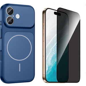 Tekno Grup Iphone 16 Kılıf M-Safe Şarj Özellikli Kamera Camlı Formen Kapak-Mavi + Tam Kaplayan Hayalet Ekran  Koruyucu