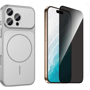 Tekno Grup Iphone 16 Pro Max Kılıf M-Safe Şarj Özellikli Kamera Camlı Formen Kapak-Gümüş + Tam Kaplayan Hayalet Ekran  Koruyucu