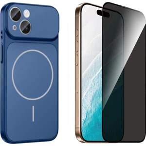 Tekno Grup Iphone 13 Kılıf M-Safe Şarj Özellikli Kamera Camlı Formen Kapak-Mavi + Tam Kaplayan Hayalet Ekran  Koruyucu