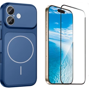 Tekno Grup Iphone 16 Kılıf M-Safe Şarj Özellikli Kamera Camlı Formen Kapak-Mavi + Tam Kaplayan Antistatik Esd Ekran  Koruyucu