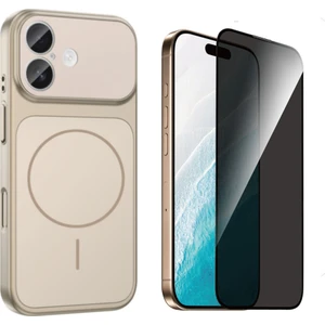 Tekno Grup Iphone 17 Kılıf M-Safe Şarj Özellikli Kamera Camlı Formen Kapak-Gold + Tam Kaplayan Hayalet Ekran  Koruyucu