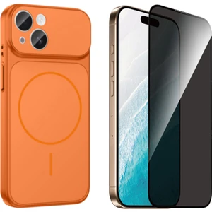 Tekno Grup Iphone 13 Kılıf M-Safe Şarj Özellikli Kamera Camlı Formen Kapak-Turuncu + Tam Kaplayan Hayalet Ekran  Koruyucu