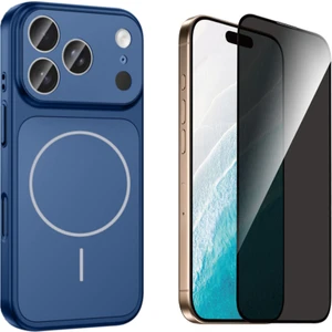 Tekno Grup Iphone 17 Pro Kılıf M-Safe Şarj Özellikli Kamera Camlı Formen Kapak-Mavi + Tam Kaplayan Hayalet Ekran  Koruyucu