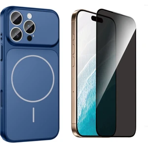 Tekno Grup Iphone 16 Pro Max Kılıf M-Safe Şarj Özellikli Kamera Camlı Formen Kapak-Mavi + Tam Kaplayan Hayalet Ekran  Koruyucu