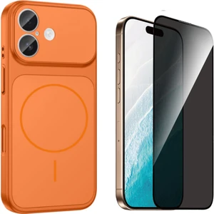 Tekno Grup Iphone 17 Kılıf M-Safe Şarj Özellikli Kamera Camlı Formen Kapak-Turuncu + Tam Kaplayan Hayalet Ekran  Koruyucu