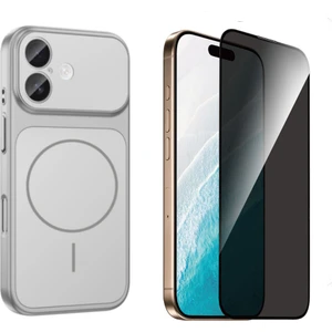 Tekno Grup Iphone 16 Kılıf M-Safe Şarj Özellikli Kamera Camlı Formen Kapak-Gümüş + Tam Kaplayan Hayalet Ekran  Koruyucu
