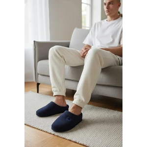 Erkek Lacivert Ev Terliği Ses Yapmayan Yumuşak Rahat Taban Içi Yünlü Terlik
