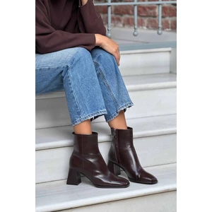 Nişantaşı Shoes Darelis Kahve Raşel Rustik  Desen Fermuar Detay Küt Burun Kadın Topuklu Bot