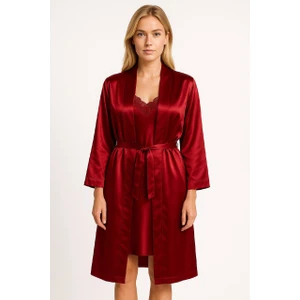 Cherry Queen Premium Bordo Saten Dantelli Gecelik Sabahlık Takımı – Şık Ikili Set