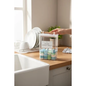 Ahşap Kulplu Vakumlu Şeffaf Bulaşık Makinesi Tableti Kavanozu 2000ML