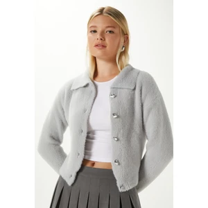 Kadın Date Yumuşak Sakallı Kalp Düğmeli Polo Yaka Gri Triko Hırka