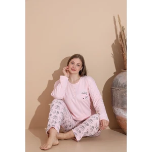 Kadın Kışlık Büyük Beden Curve Nakışlı Desenli Yakası Düğmeli Uzun Kollu Pijama Takımı