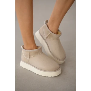 Selin Shoes Luniva Içi Kürklü Kalın Taban Kadın Bot- Bej Süet