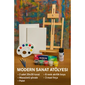 Resim - Boya Seti Lüks - Masa Şövalesi, 2 Adet Tuval, Resim Verniği, Akrilik Boya, Palet, (Şövalye) Lüks Resim Seti