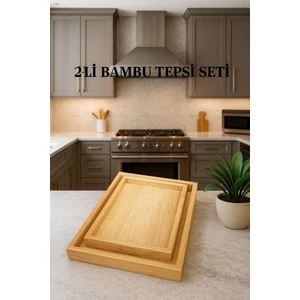 2'li Lüx Bambu Dikdörtgen Ahşap Tepsi Sunum Seti (40 x 30) & (35 x 25)
