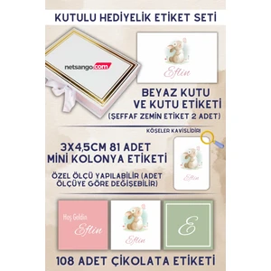 Tavşan Desen Kutulu Hediyelik Etiket Seti - Çikolata - Kolonya - Kutu