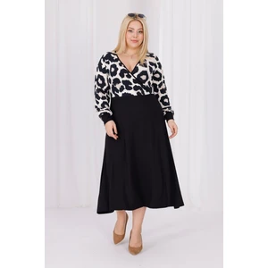 Kadın Vizon Siyah Leopar Desen Bloklu Kruvaze Yaka Balon Kol Büyük Beden Esnek Maxi Elbise