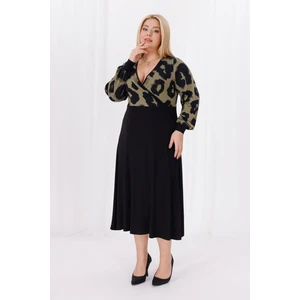 Kadın Haki Yeşil Leopar Desen Bloklu Kruvaze Yaka Balon Kol Büyük Beden Esnek Maxi Elbise