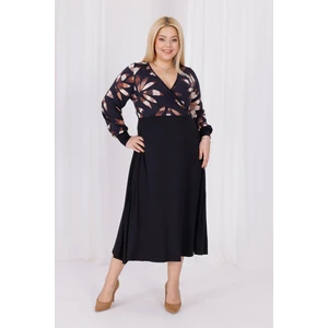 Kadın Siyah Kahve Floral Desen Bloklu Kruvaze Yaka Balon Kol Büyük Beden Esnek Maxi Elbise