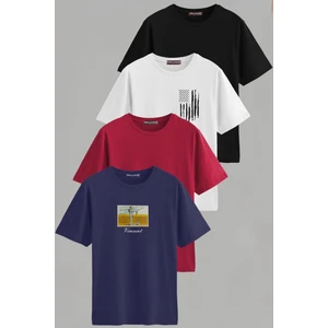 Erkek Desenli-Düz Karışık Slim Fit Bisiklet Yaka Pamuk Elastan 4'lü Basic Tişört
