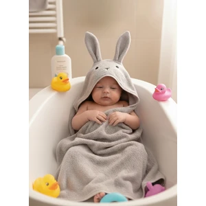Pamuk Hanım Yumuşacık Pamuklu Kız-Erkek Yenidoğan/bebek Banyo Kundak Havlusu Gri/tavşan