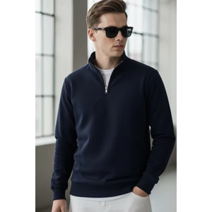 Pamuklu Erkek Sweatshirt Lacivert Soft Touch Relax Fit Yarım Fermuarlı Dik Yaka 3 Iplik Nefes Alan