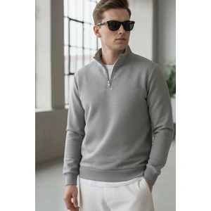 Pamuklu Erkek Sweatshirt Gri Soft Touch Relax Fit Yarım Fermuarlı Dik Yaka 3 Iplik Nefes Alan