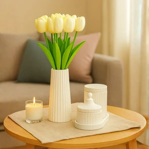 Nevhan Sanat El Yapımı Modern Çizgili Dekoratif Set – Vazo, Kapaklı Kutu, Mumluk ve Tepsi (6 Parça)