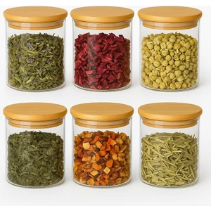 Özgün Ev Borosilikat Baharatlık 500 ml 6 Adet -(90 mm x 100 Mm)-Bambu Kapaklı-Sızdırmaz Silikonlu