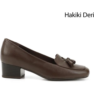 Gön Hakiki Deri Küt Burun Kısa Kalın Topuklu Püsküllü Kadın Ayakkabı 13313