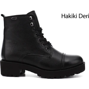 Kadın Siyah Fermuarlı Kauçuk Taban Hakiki Deri Postal Bot