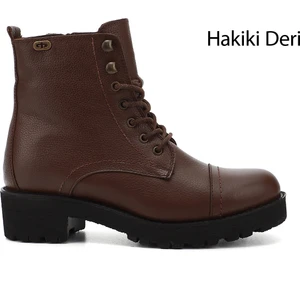 Kadın Kahve Fermuarlı Kauçuk Taban Hakiki Deri Postal Bot