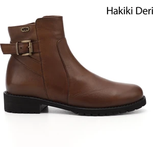 Gön Hakiki Deri Yuvarlak Burun Kauçuk Taban Topuklu Fermuarlı Kadın Günlük Bot 46460