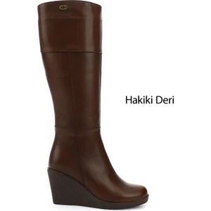 Kadın Kahve Fermuarlı Dolgu Topuklu Hakiki Deri Çizme