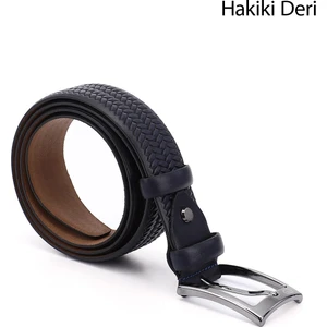 Erkek Lacivert Hakiki Deri 3,5 Cm Örgü Desenli Kemer