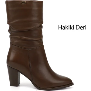 Kadın Kahve Sivri Burun Körüklü Kalın Topuklu Hakiki Deri Çizme