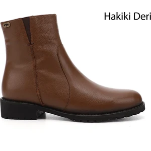 Gön Hakiki Deri Yuvarlak Burun Topuklu Kauçuk Taban Fermuarlı Kadın Günlük Bot 47408