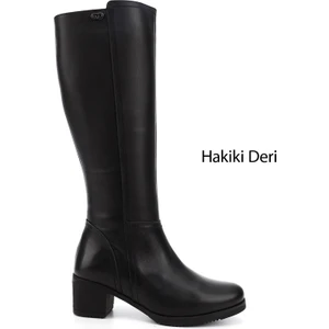 Kadın Siyah Fermuarlı Kalın Topuklu Hakiki Deri Çizme