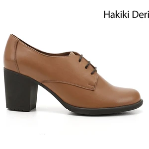 Kadın Açık Taba Bağcıklı Orta Kalın Topuklu Hakiki Deri Oxford Ayakkabı